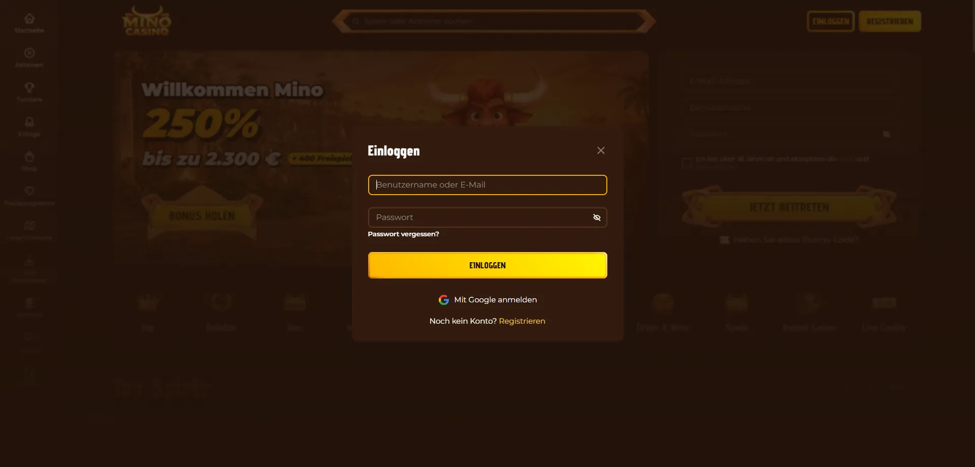 Accesso account Mino Casino da browser mobile iOS e Android